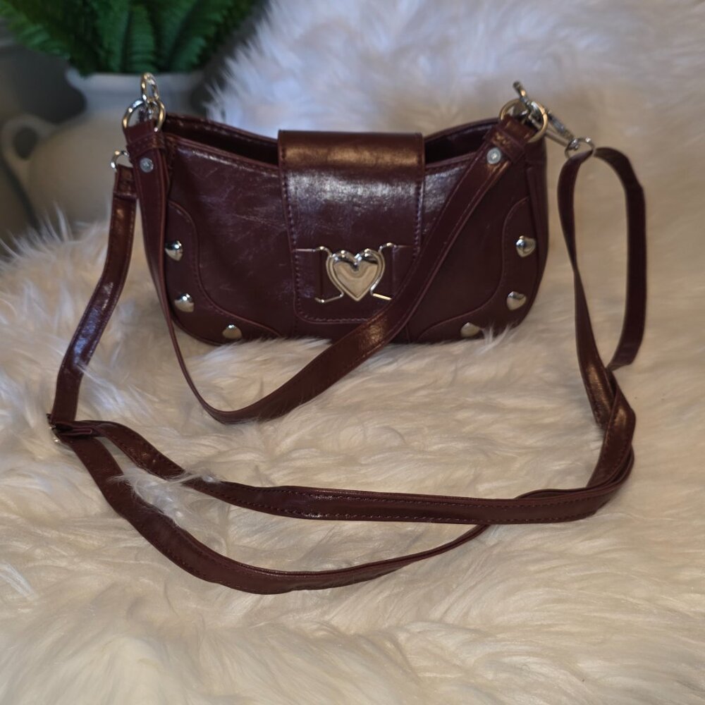 Burgundy PU Leather Shoulder Bag: Heart Charm, Anti-Splash Shiny PU leather in a